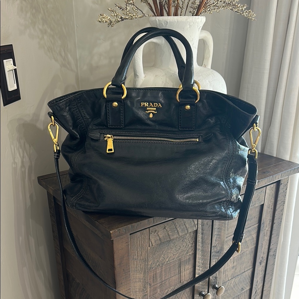 Prada Black Leather Tote with Gold Hardware Accents - Picture 1 of 17